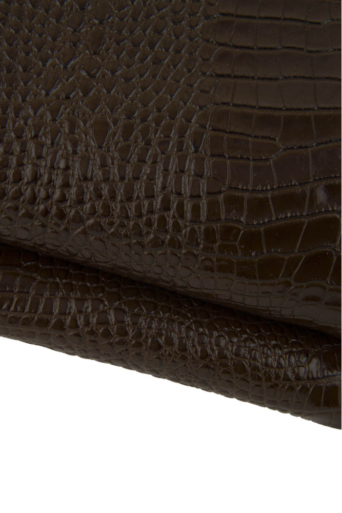 Brown CROCODILE printed cowhide leather, glossy stiff animal embossed calfskin for bags and shoes