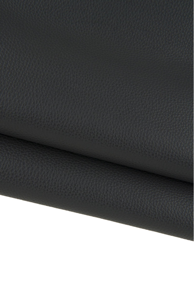 Dark grey GRAINY leather hide, pebble grain printed cowhide, soft semi glossy cafskin, 1.5 - 1.6 mm