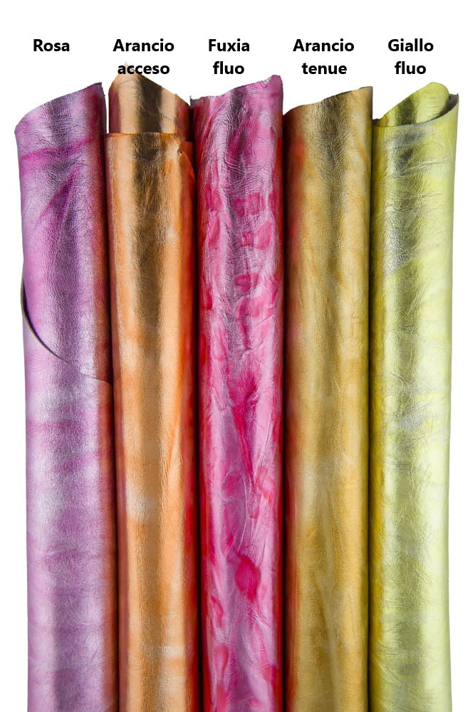 Metallic WRINKLED goatskin leather in bright and fluo neon colors, soft shaded hides for DIY projects