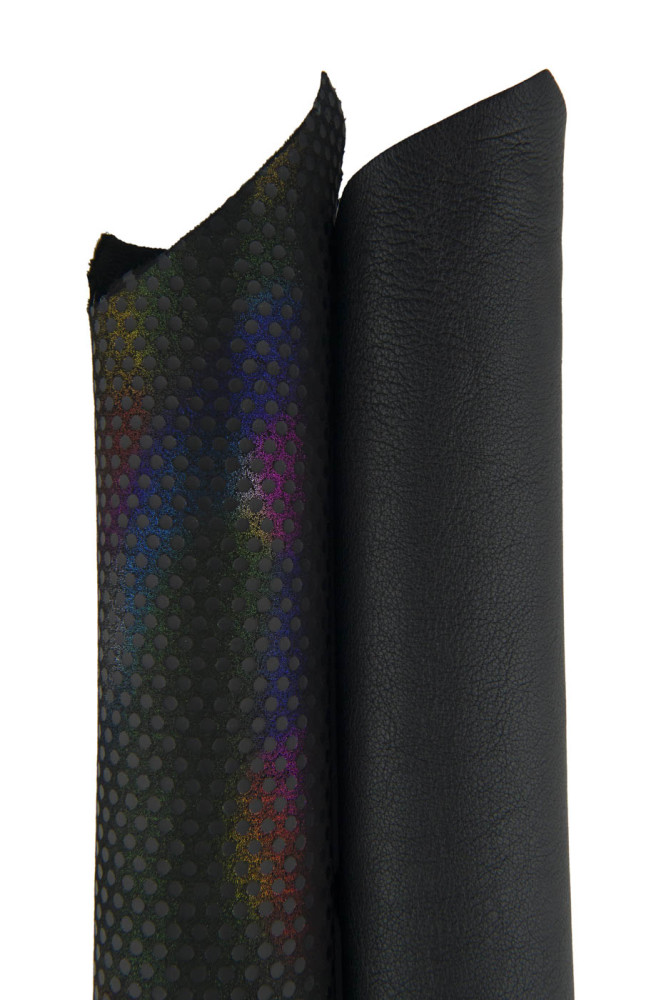 2 COMBINATED leather skins black multicolor, boundle of 1 nappa sheepskin and 1 metallic polka dots printed hide