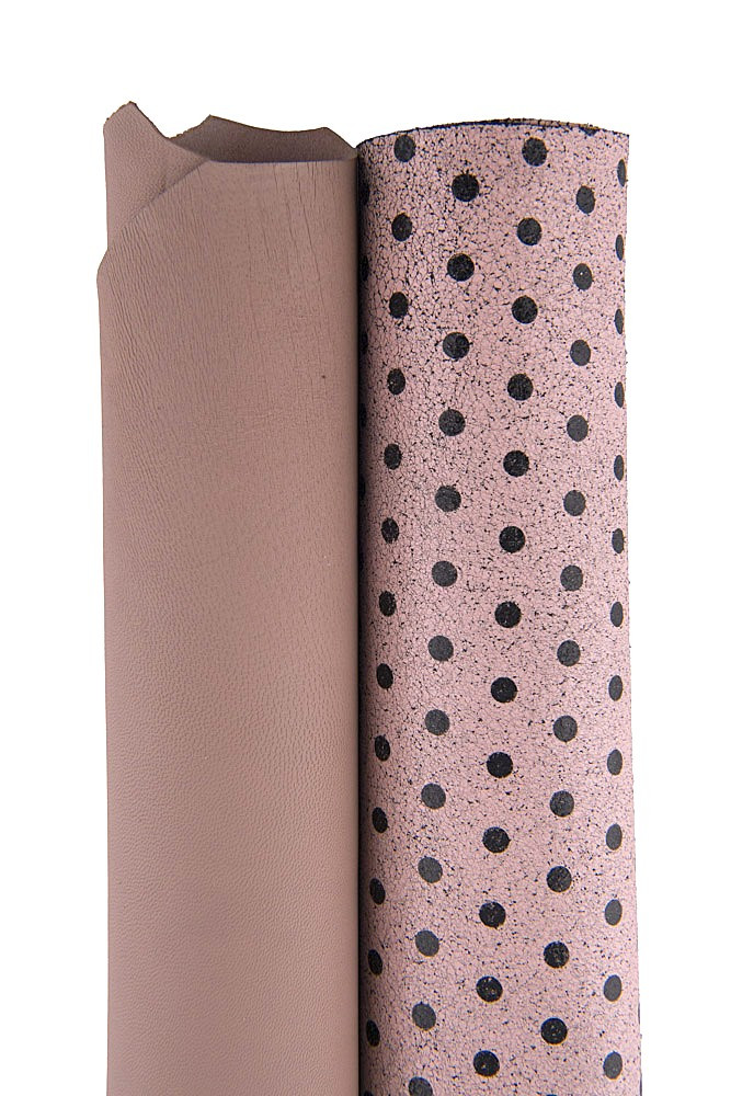 SET of 2 combined leather skins flesh pink tone, polka dot printed goatskin and smooth soft matt nappa sheepskin for crafting