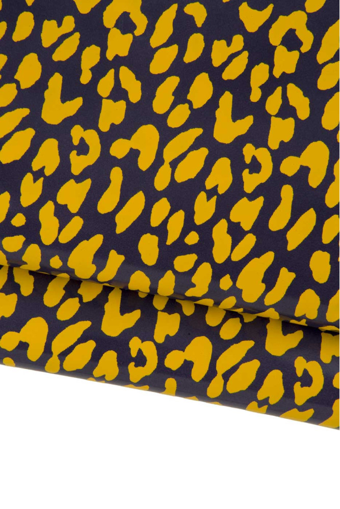 Yellow LEOPARD texture on dark grey leather skin, glossy goatskin with animal print ideal for crafting