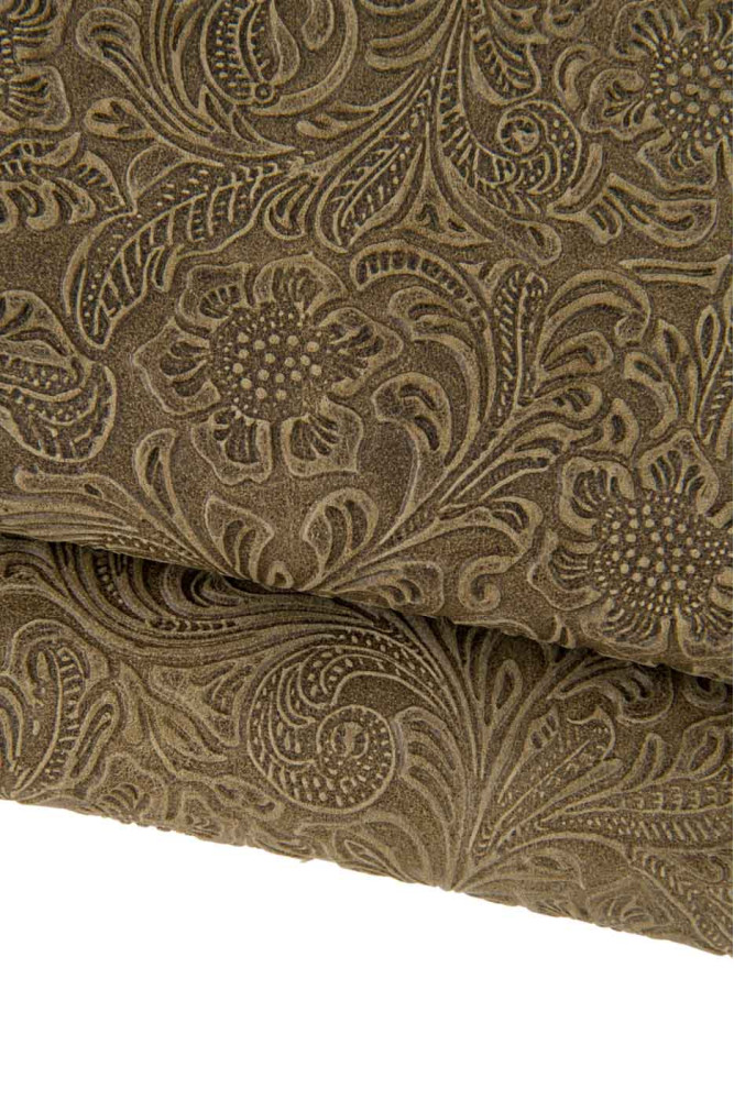 Brown FLORAL embossed cowhide, charro printed oily suede leather hide, flower pattern on calfskin 1.1 - 1.3 mm