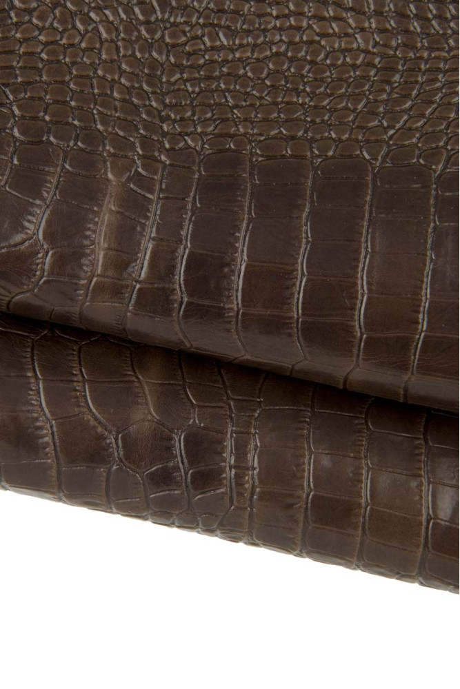 Brown CROCODILE embossed leather hide, glossy croc printed calfskin, soft cowhide for diy projects