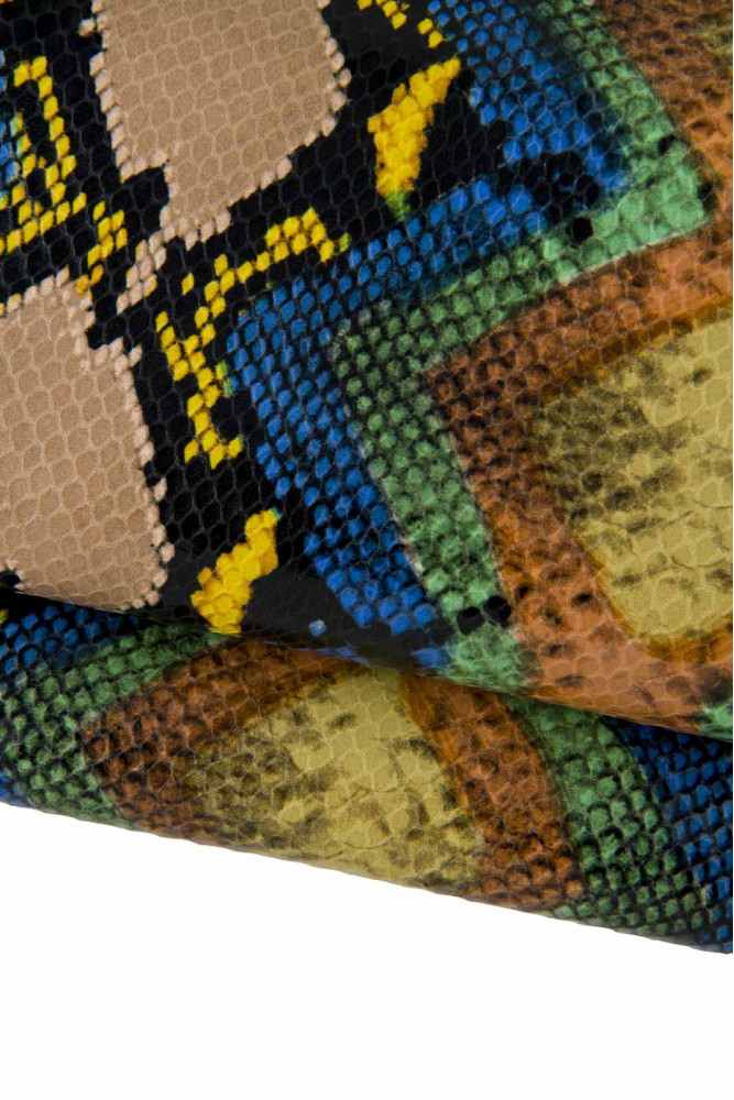 Multicolor PYTHON textured leather hide, reptile printed calfskin, snake pattern on cowhide