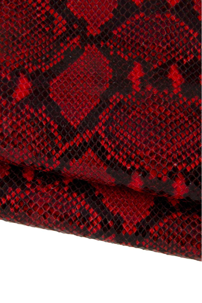 Red PYTHON printed leather skin, glossy reptile textured goatskin, snake pattern on soft hide