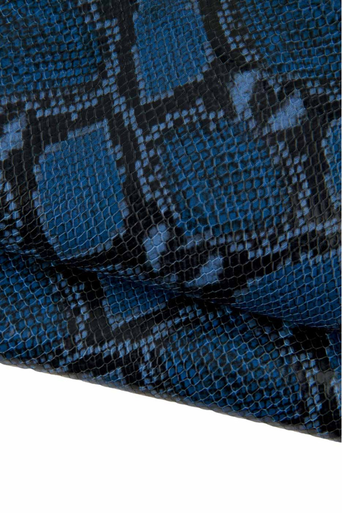 Blue PYTHON textured leather skin, reptile printed goatskin, snake pattern on soft hide, for hobbyists