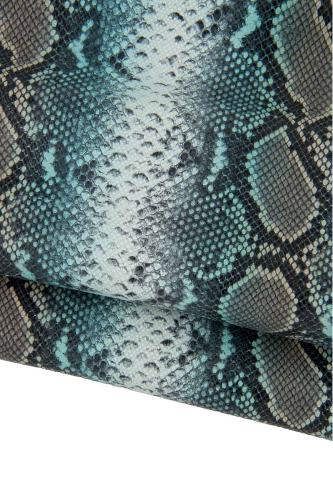 Light blue PYTHON printed leather skin, soft reptile textured goatskin, snake pattern on glossy hide