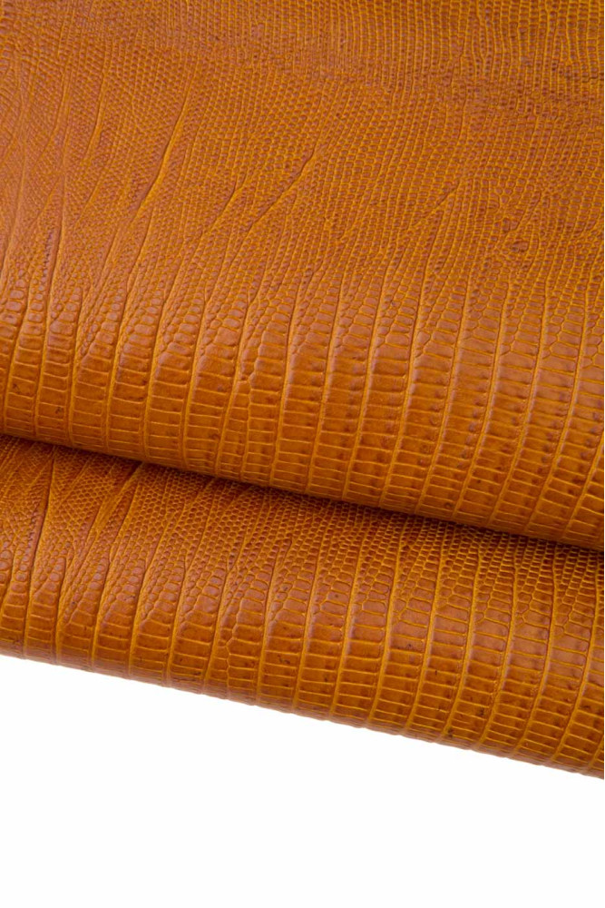 Tan LIZARD printed leather hide, brown tehus embossed cowhide, semi glossy slightly stiff calfskin