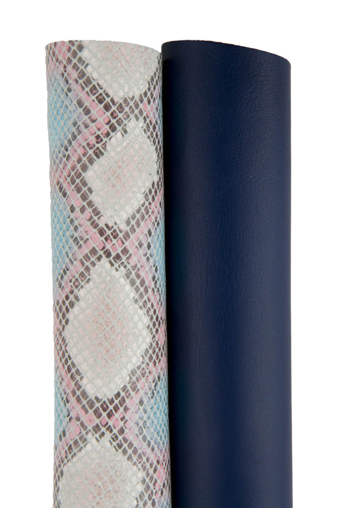 2 COMBINATED leather skins, blue smooth sheepskin nappa, pink light blue python printed goatskin