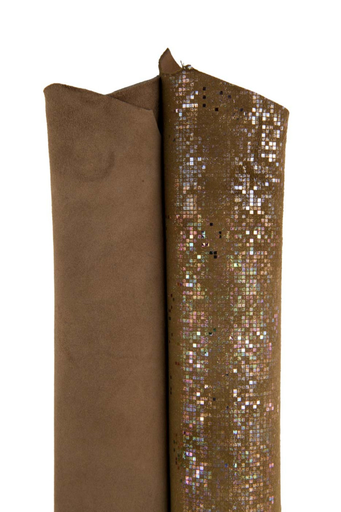 2 brown ASSORTED leather skins, 1 solid color suede skin and 1 iridescent metallic printed goatskin hide