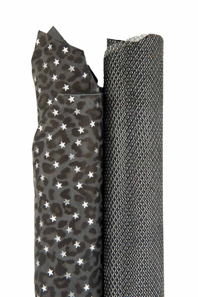 SET of grey steelmetal leather skins, 1 metallic printed goatskin and 1 star and leopard textured hide