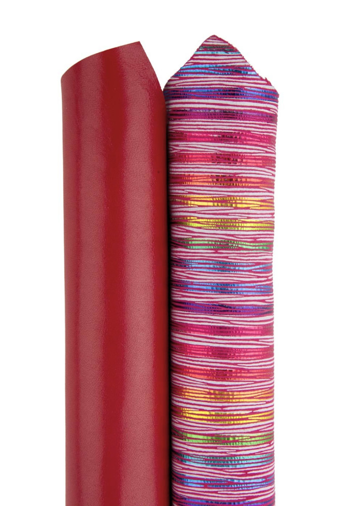 Bundle of 2 MATCHING skins, red smooth goatskin and iridescent metallic multicolor striped suede hide