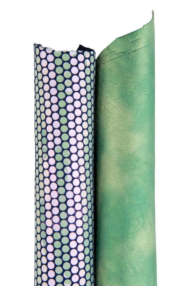 2 aquamarine MATCHING leather skins, iridescent polka dots printed goatskin and green metallic shaded hide