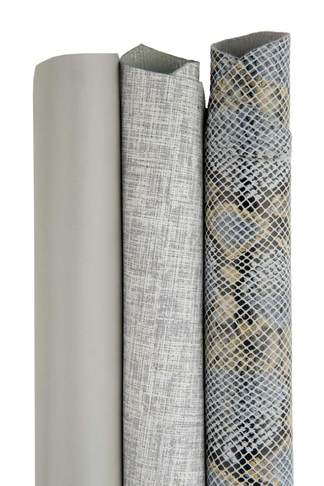 Bundle of 3 GREY leather skins, gray smooth hide and 2 printed goatskins as per picture