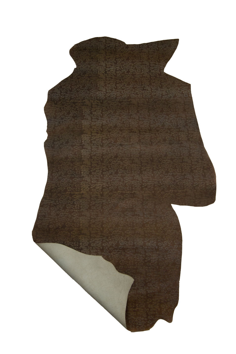 Python printed cowhide, brown and beige shadows reptile textured calfkin, matt and soft leather hides for handbags and accessories