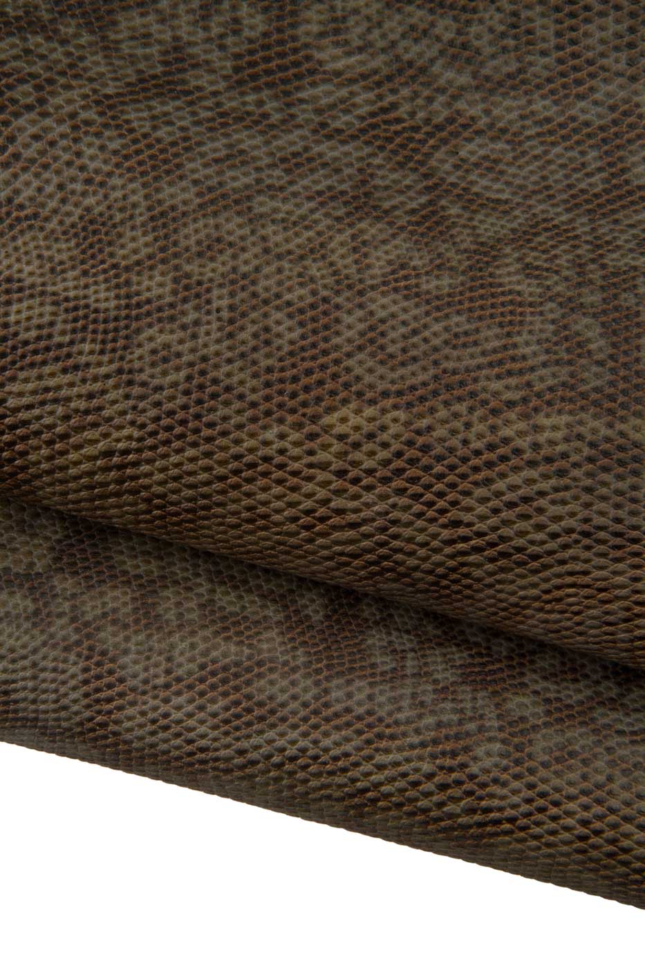 Python printed cowhide, brown and beige shadows reptile textured calfkin, matt and soft leather hides for handbags and accessories