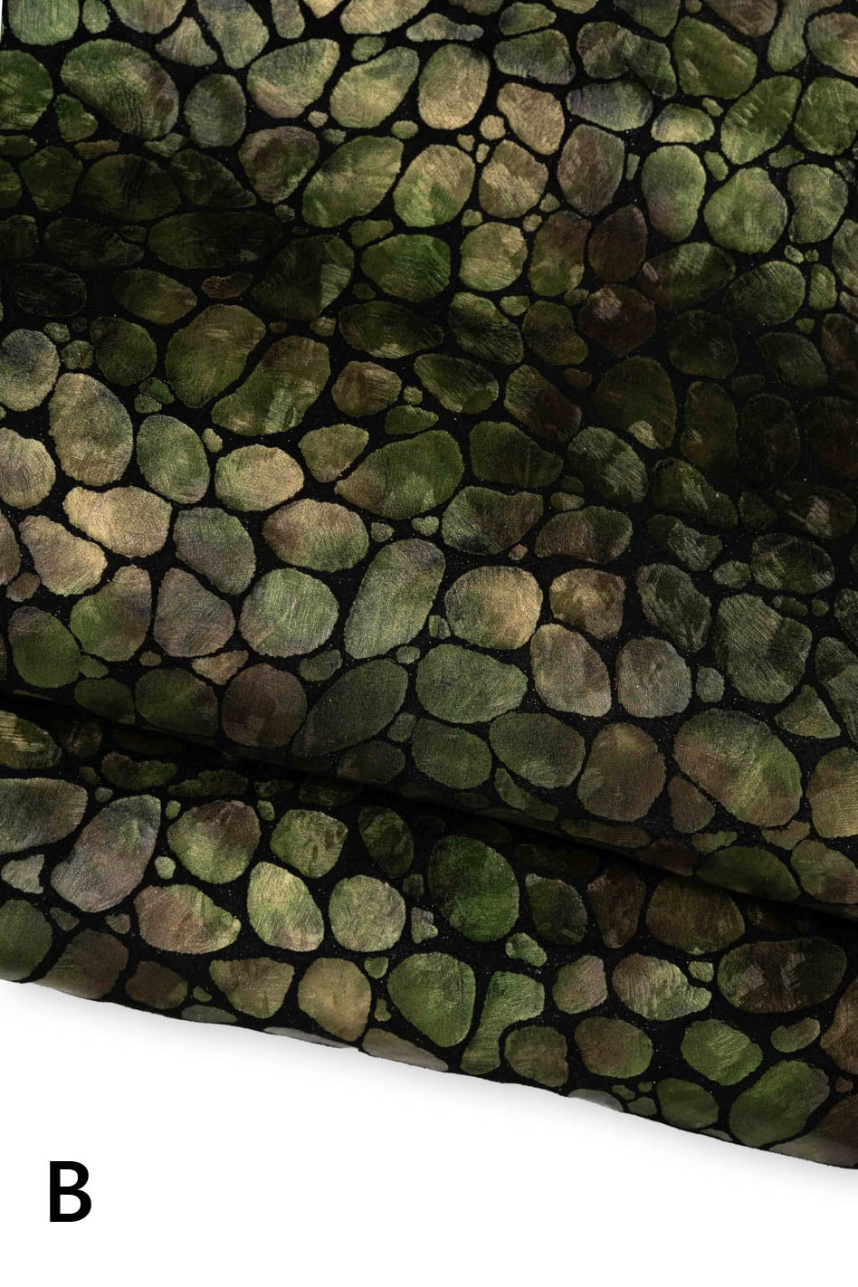 Metallic goatskin bronze steelmetal green irregular pebble stone mosaic pattern on black leather hides, soft for crafters