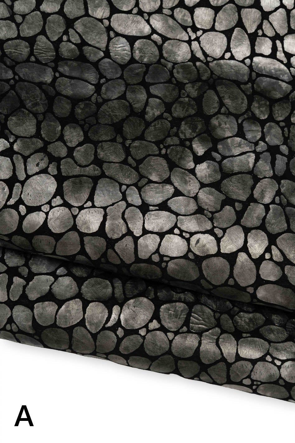 Metallic goatskin bronze steelmetal green irregular pebble stone mosaic pattern on black leather hides, soft for crafters