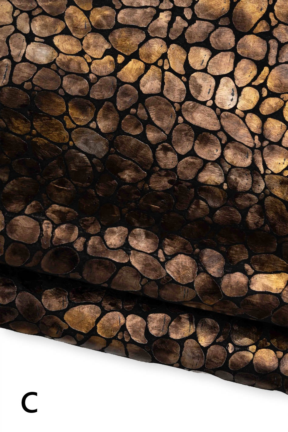 Metallic goatskin bronze steelmetal green irregular pebble stone mosaic pattern on black leather hides, soft for crafters