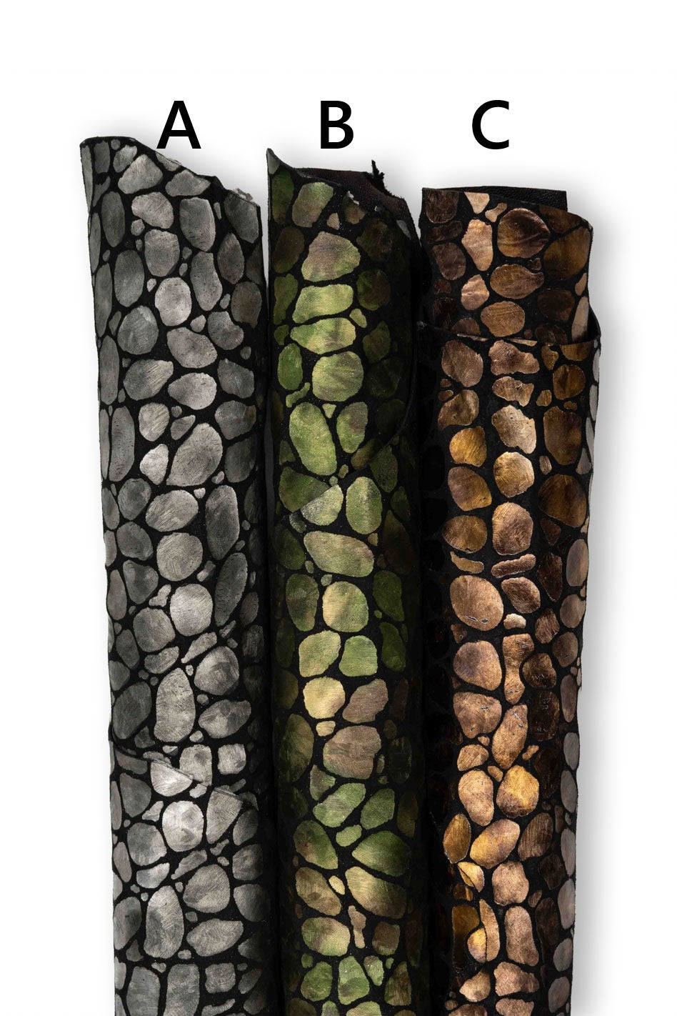 Metallic goatskin bronze steelmetal green irregular pebble stone mosaic pattern on black leather hides, soft for crafters