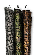Metallic goatskin bronze steelmetal green irregular pebble stone mosaic pattern on black leather hides, soft for crafters