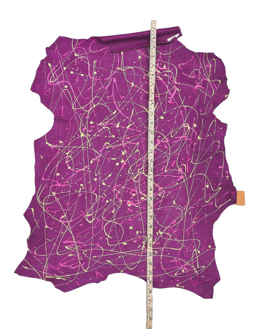 Purple - green hand made leather skin, schetch - POLLOCK print on SUEDE goatskin, unique leather for hobbyists