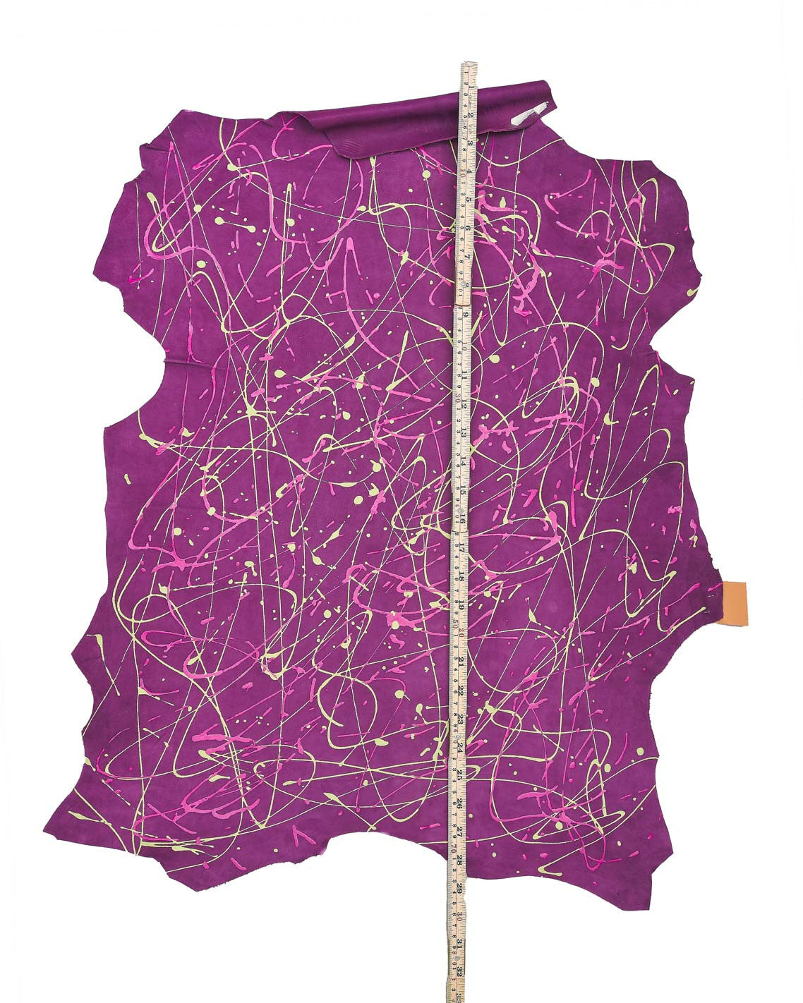 Purple - green hand made leather skin, schetch - POLLOCK print on SUEDE goatskin, unique leather for hobbyists
