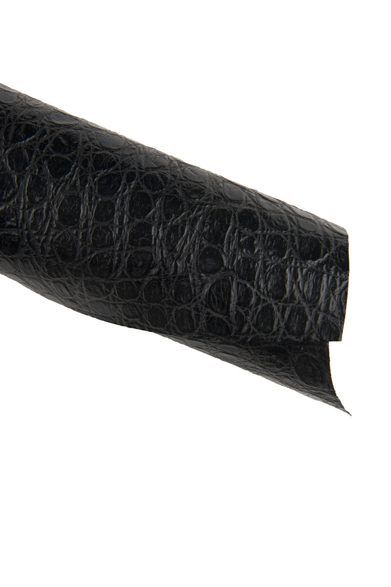 Black REPTILE embossed leather hide, glossy CROCODILE printed cowhide, soft thin calfskin for hobbyists