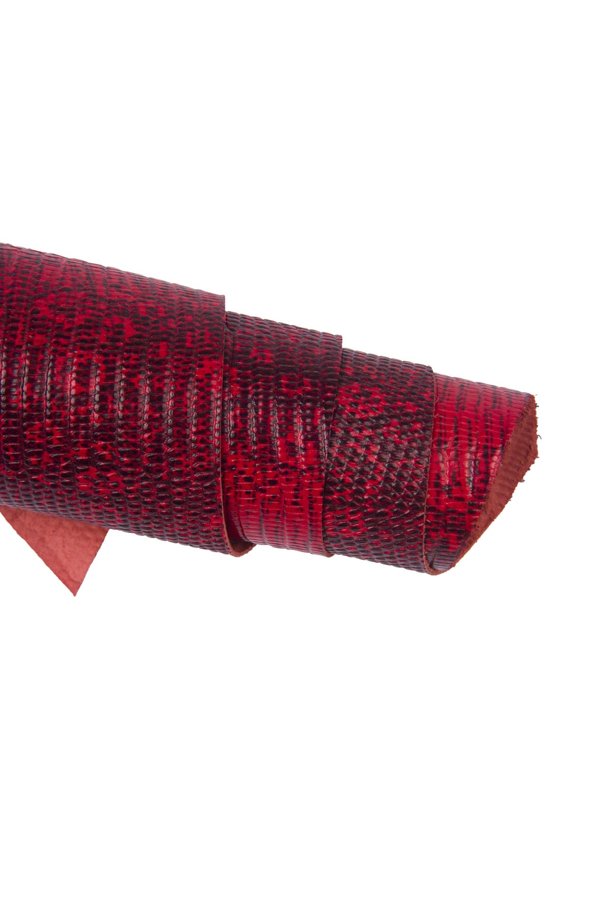 Black red LIZARD printed leather hide, animal texture on cowhide, semi glossy stiff calfskin