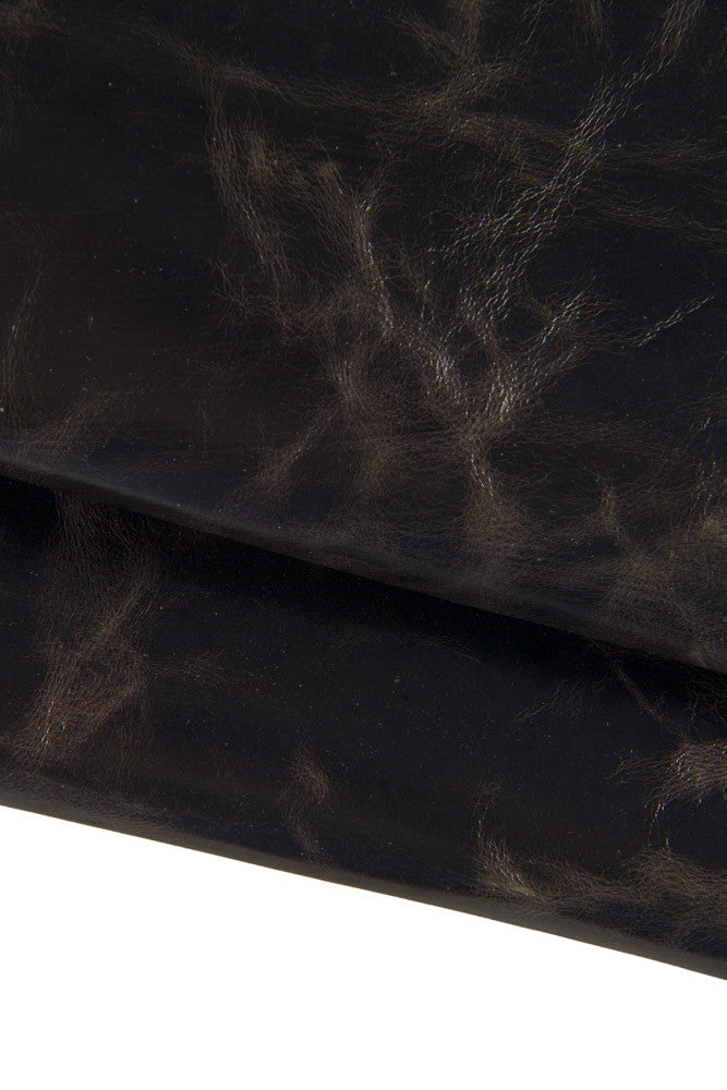 Purplish brown DISTRESSED leather hide, espresso vintage glossy kangaroo leather, aged wrinkled genuine skin