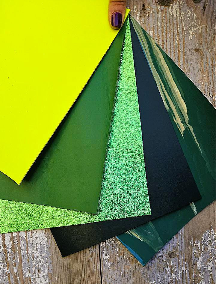 5 Selected leather scraps, solid color, GREEN, finishing various, selection leather pieces as per pictures 8x10" / 20x25 cm