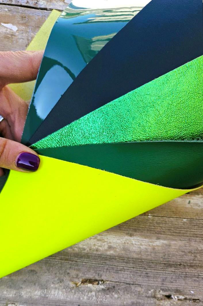 5 Selected leather scraps, solid color, GREEN, finishing various, selection leather pieces as per pictures 8x10" / 20x25 cm
