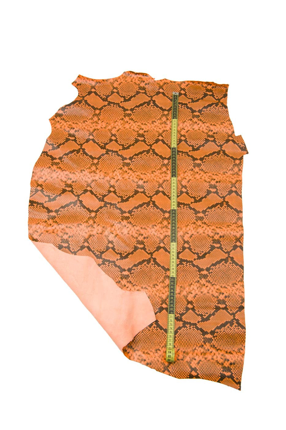 Fluo - NEON orange PYTHON leather hide, glossy reptile printed cowhide, snake pattern on soft calfskin for hobbyists