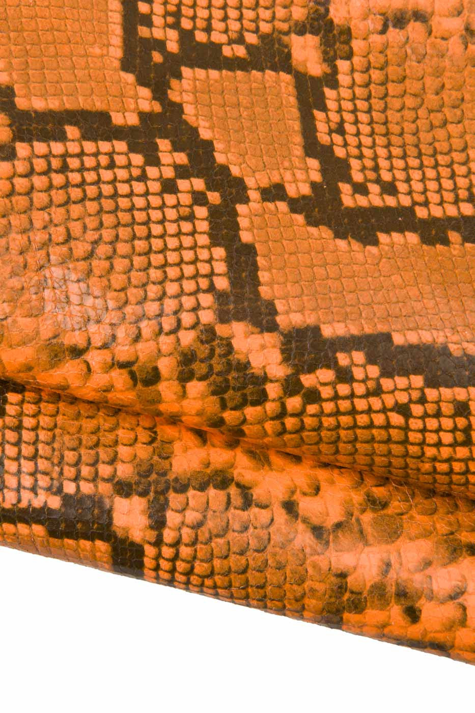 Fluo - NEON orange PYTHON leather hide, glossy reptile printed cowhide, snake pattern on soft calfskin for hobbyists
